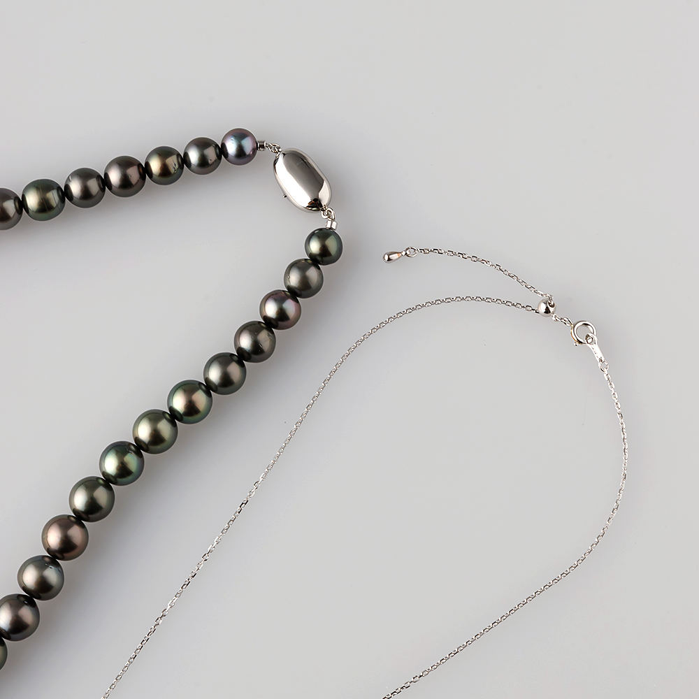 高島屋　13mm珠　南洋黒蝶真珠オメガネックレス　47cm ダイヤ0.1ct 8 - 10mm 黒蝶真珠ネックレス | Moon Label - 大月真珠