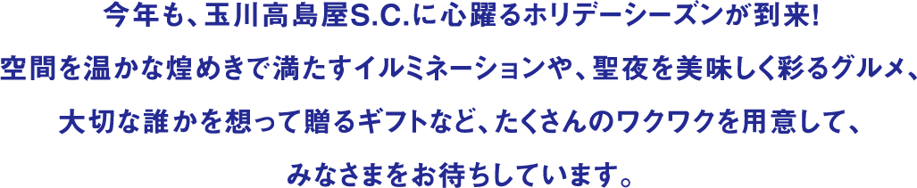 今年も、玉川高島屋S.C.に心躍るホリデーシーズンが到来！空間を温かな煌めきで満たすイルミネーションや、聖夜を美味しく彩るグルメ、大切な誰かを想って贈るギフトなど、たくさんのワクワクを用意して、みなさまをお待ちしています。