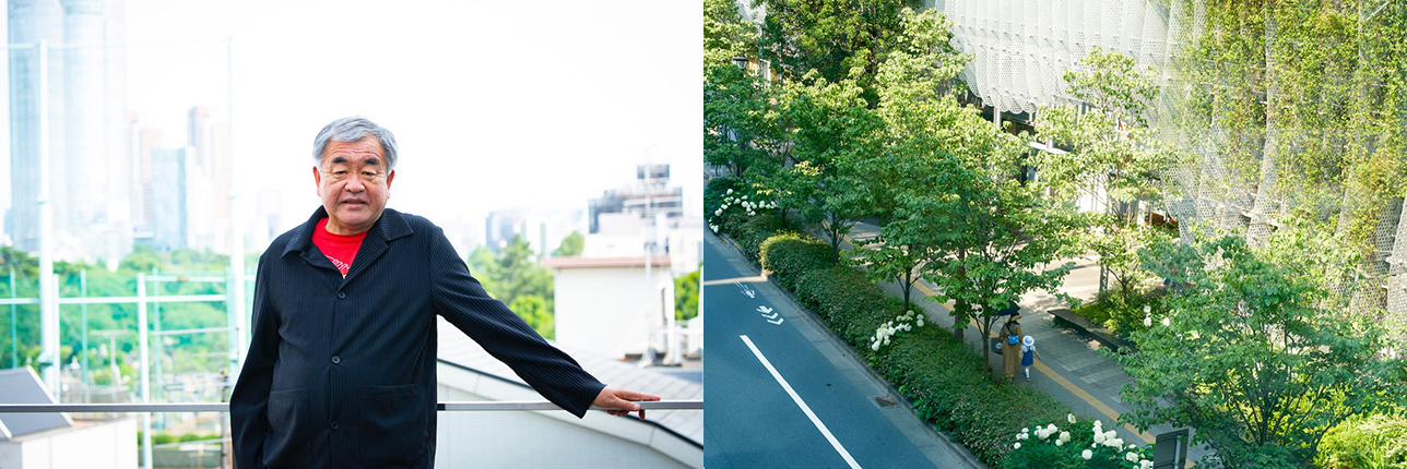 隈研吾氏の写真と玉川高島屋S.C.ファサード付近の写真