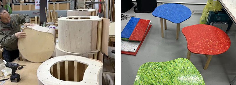 左：terminal.0 HANEDAでの制作風景／右：形成された座面。実際に並べながら調整を繰り返します