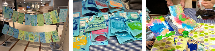 「廃材スタンプで多摩川ガーランドづくり」と「多摩川アートボードづくり」の様子