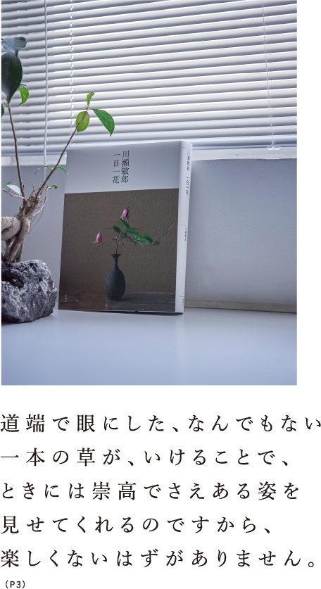 道端で眼にした、なんでもない一本の草が、いけることで、ときには崇高でさえある姿を見せてくれるのですから、楽しくないはずがありません。（P3）
